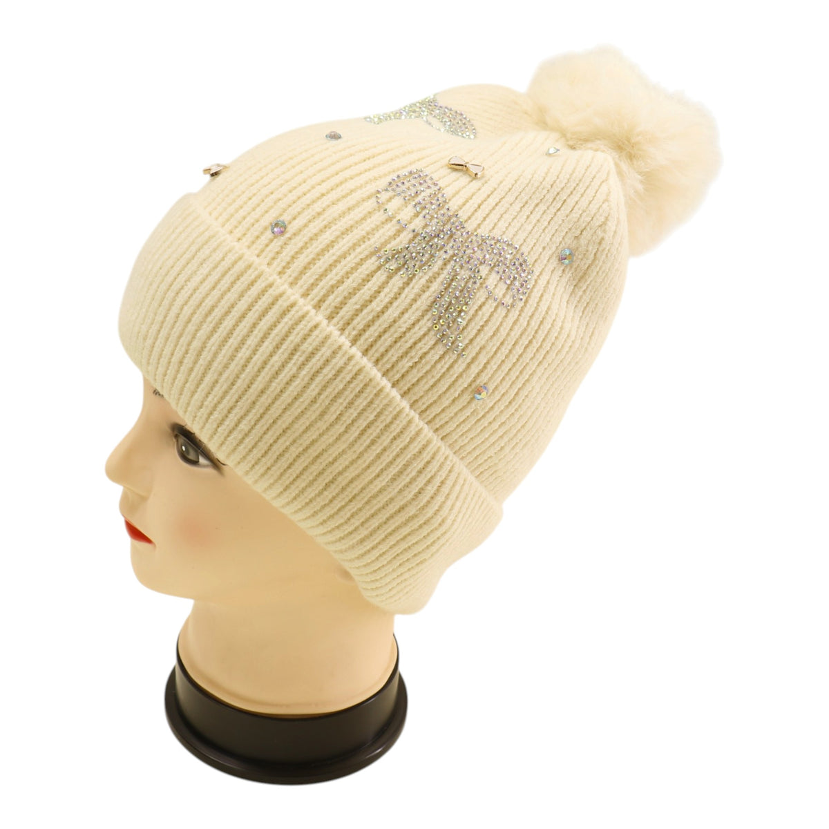 Pom Pom Knitted Beanie With Rhinestone H20-57 (12PC)