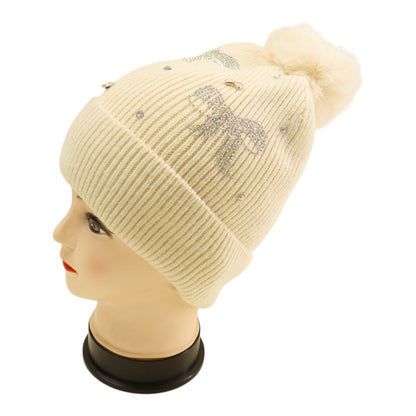 Pom Pom Knitted Beanie With Rhinestone H20-57 (12PC)
