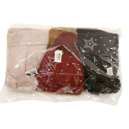 Pom Pom Knitted Beanie With Rhinestone H20-59 (12PC)