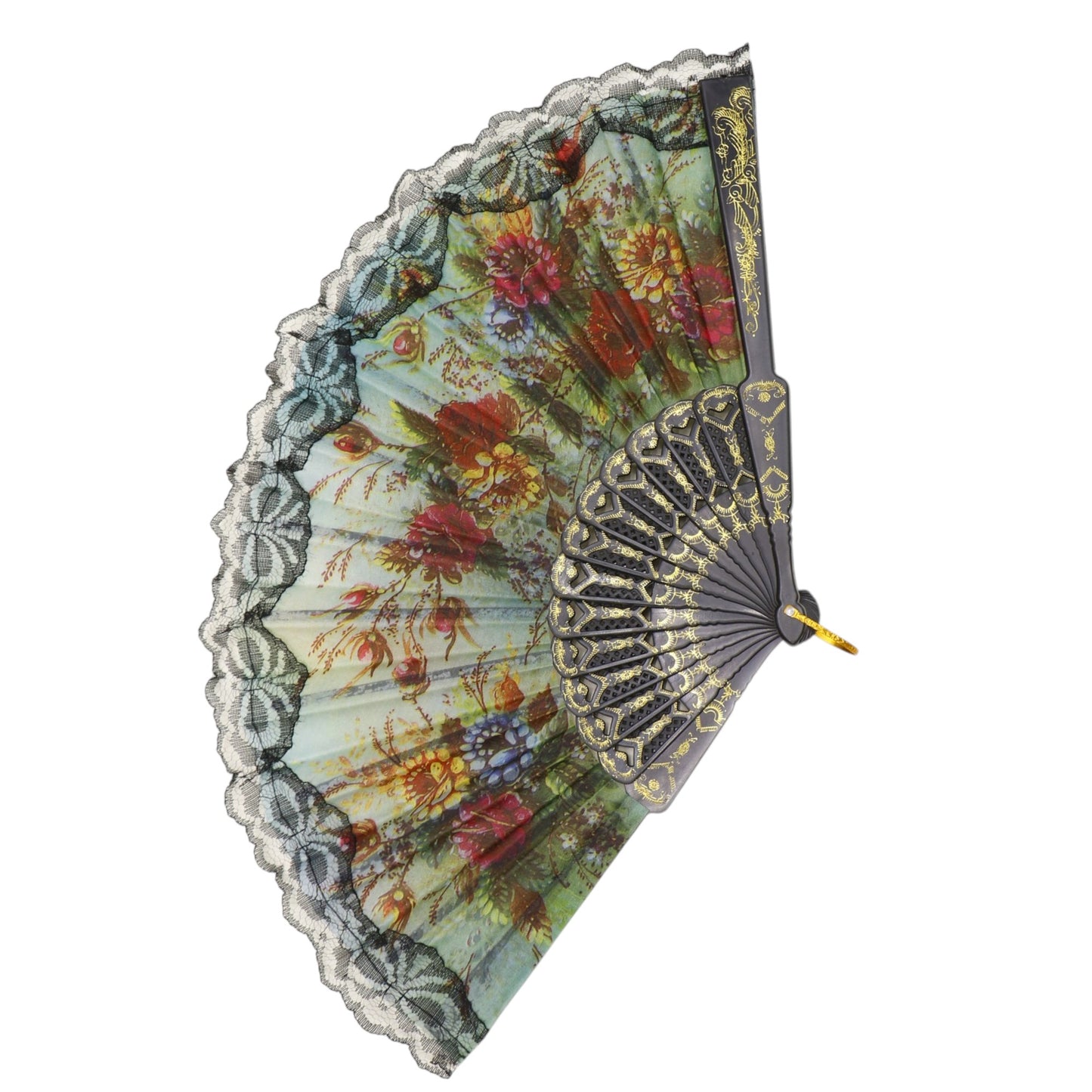 Black Floral Lace Trim Hand Held Folding Fan JF6323-5 (12PC)