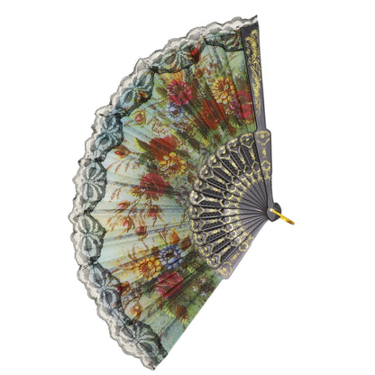 Black Floral Lace Trim Hand Held Folding Fan JF6323-5 (12PC)