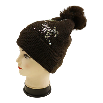 Pom Pom Knitted Beanie With Rhinestone H20-57 (12PC)