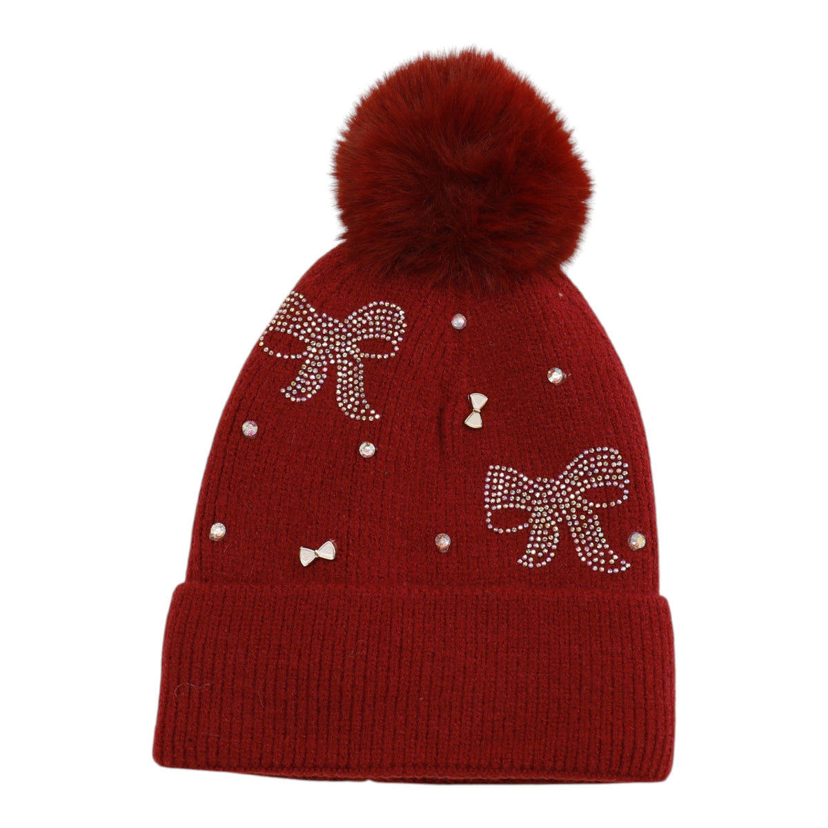 Pom Pom Knitted Beanie With Rhinestone H20-57 (12PC)