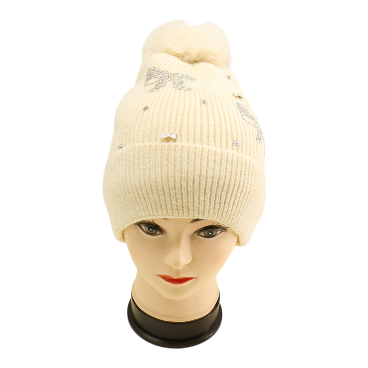 Pom Pom Knitted Beanie With Rhinestone H20-57 (12PC)
