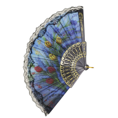 Black Floral Lace Trim Hand Held Folding Fan JF6323-5 (12PC)