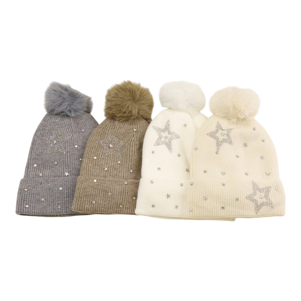 Pom Pom Knitted Beanie With Rhinestone H20-59 (12PC)