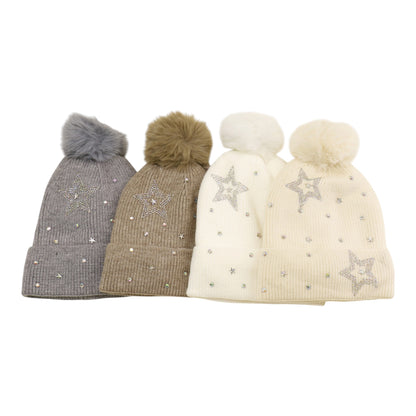 Pom Pom Knitted Beanie With Rhinestone H20-59 (12PC)