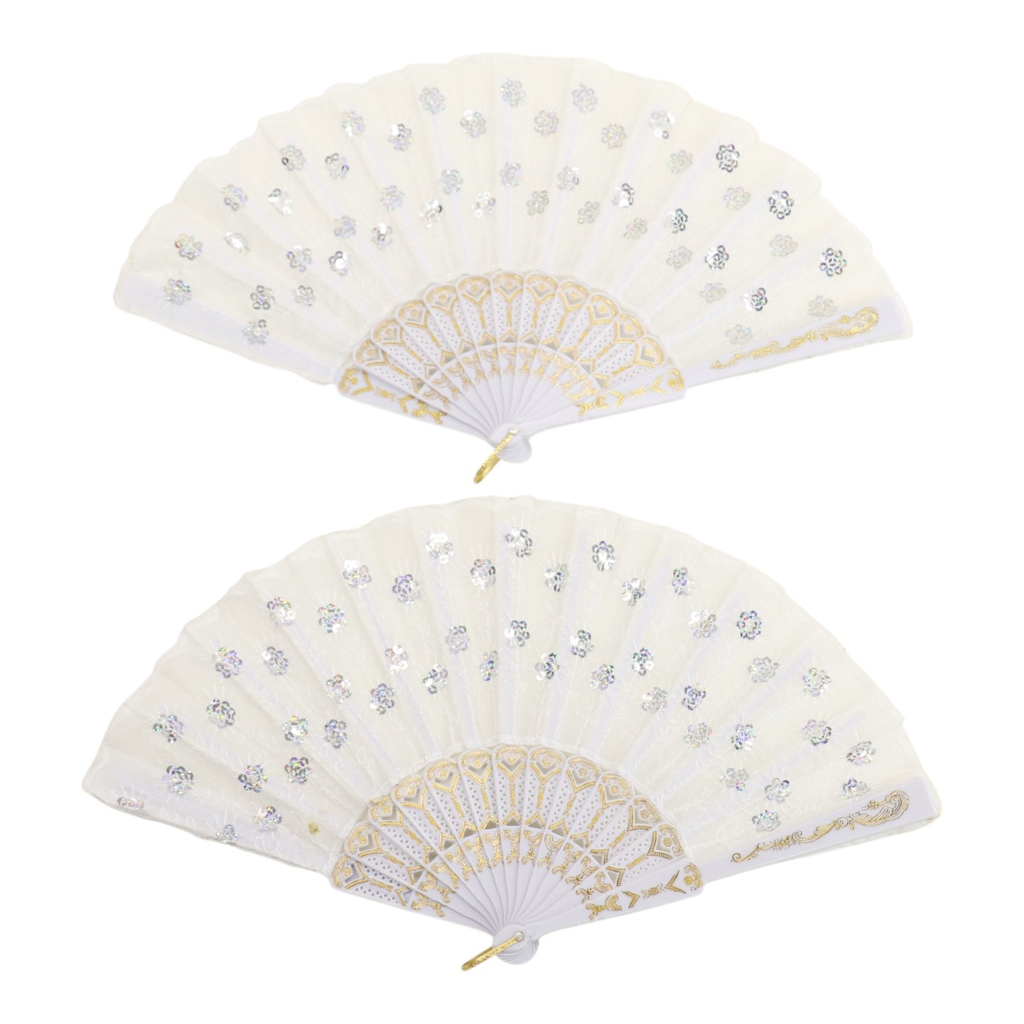 White Sequin Floral Folding Hand Fan FN2604 (12PC)