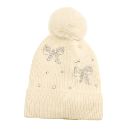 Pom Pom Knitted Beanie With Rhinestone H20-57 (12PC)