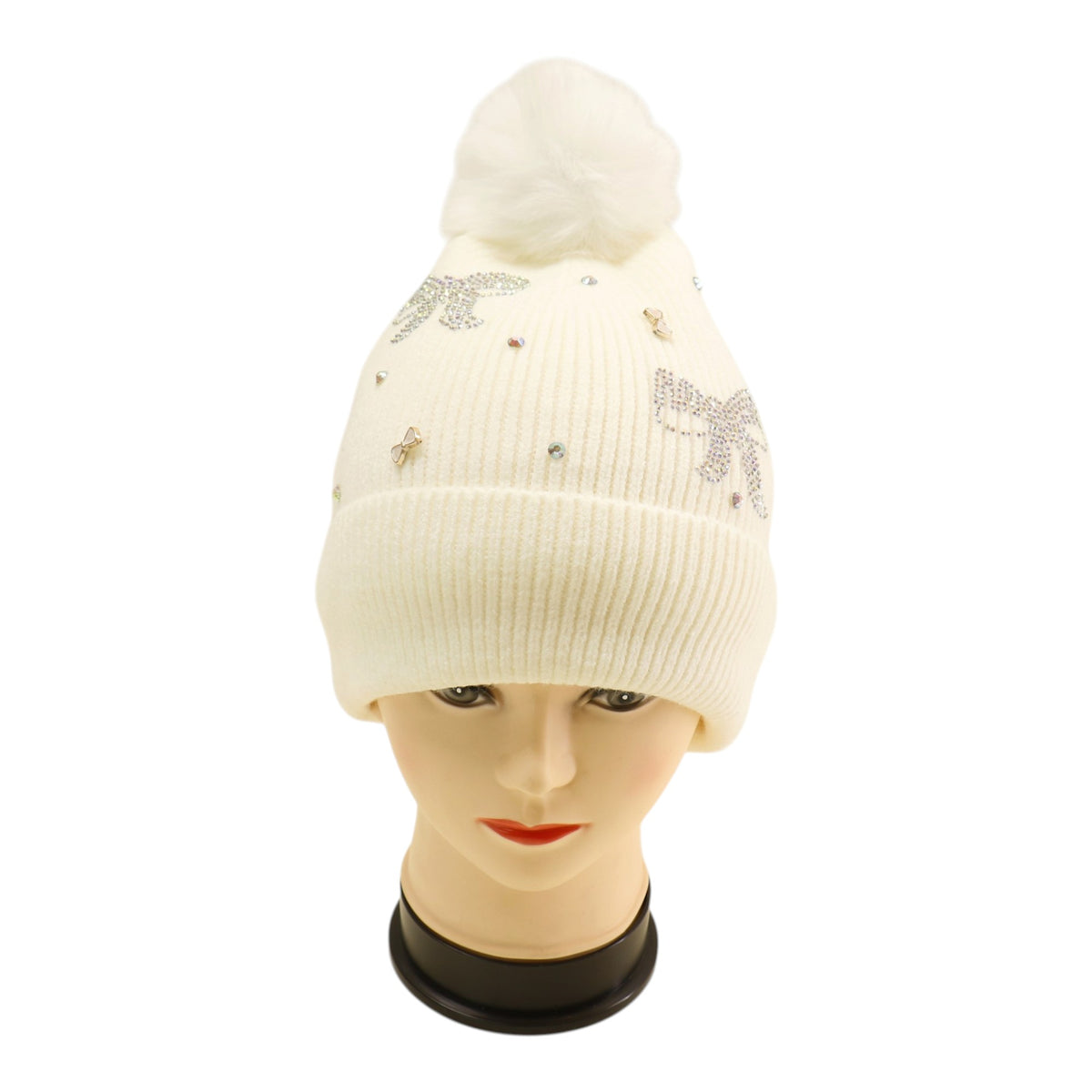Pom Pom Knitted Beanie With Rhinestone H20-57 (12PC)