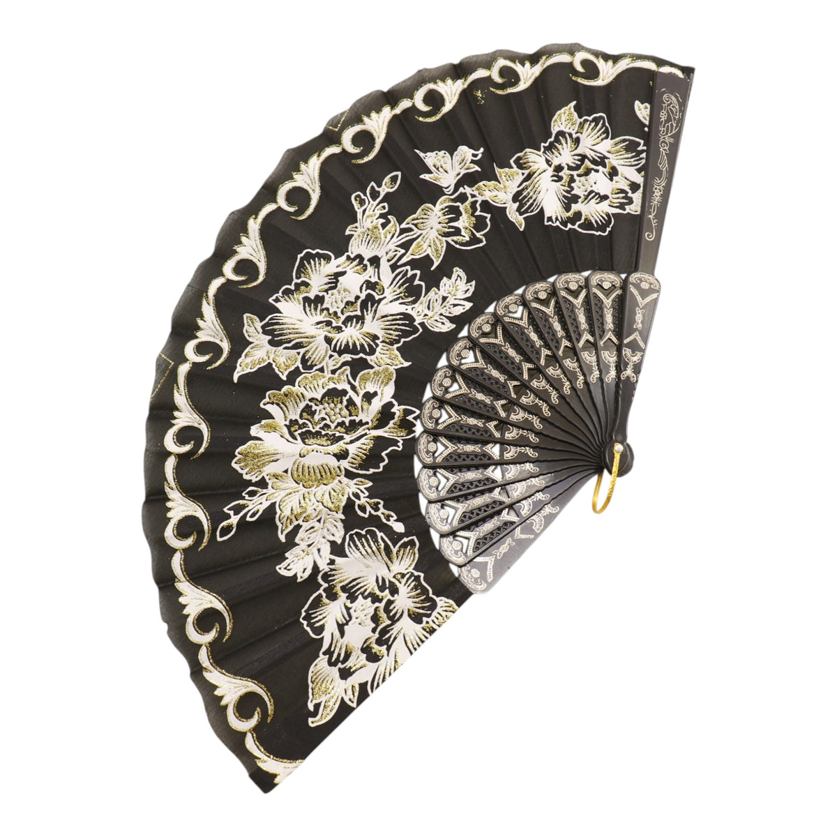 Black Floral Gold Glitter Black Frame Hand Held Folding Fan SZ08 (12PC)