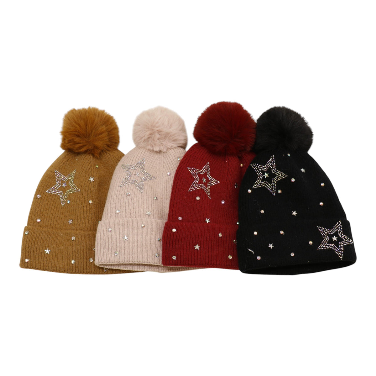 Pom Pom Knitted Beanie With Rhinestone H20-59 (12PC)