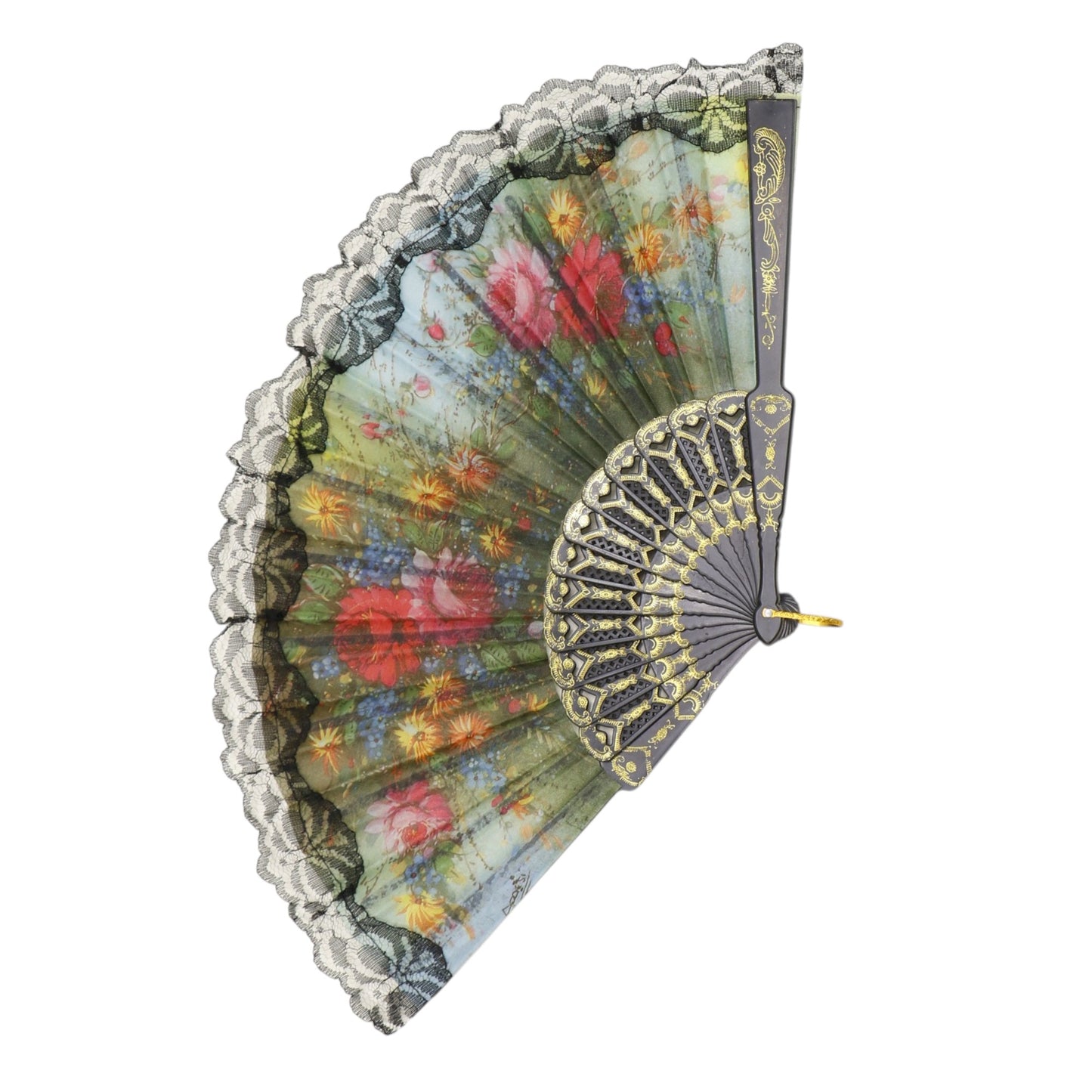 Black Floral Lace Trim Hand Held Folding Fan JF6323-5 (12PC)