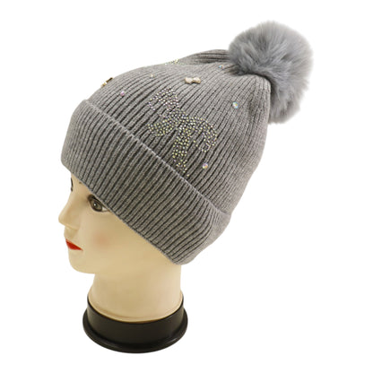 Pom Pom Knitted Beanie With Rhinestone H20-57 (12PC)