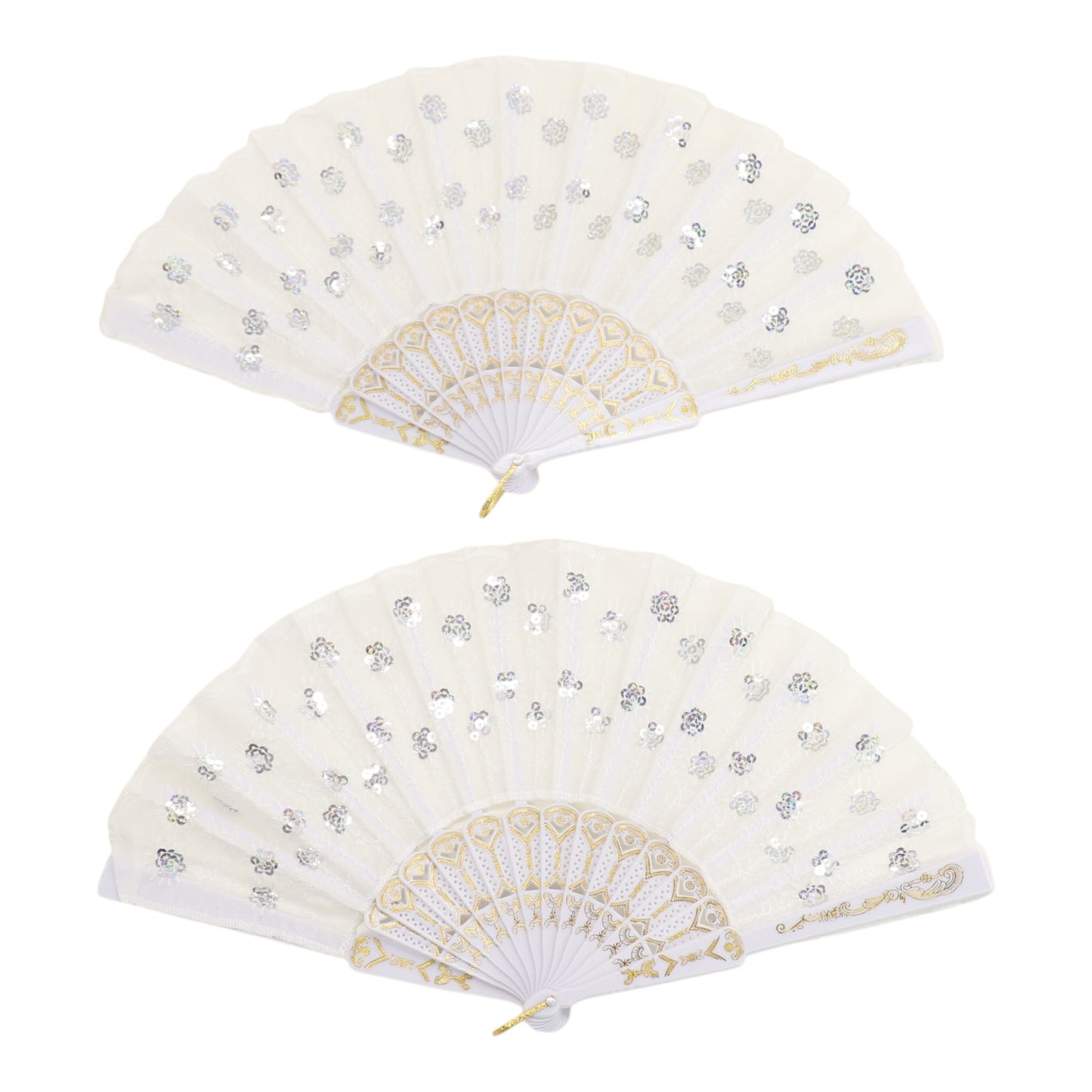 White Sequin Floral Folding Hand Fan FN2604 (12PC)