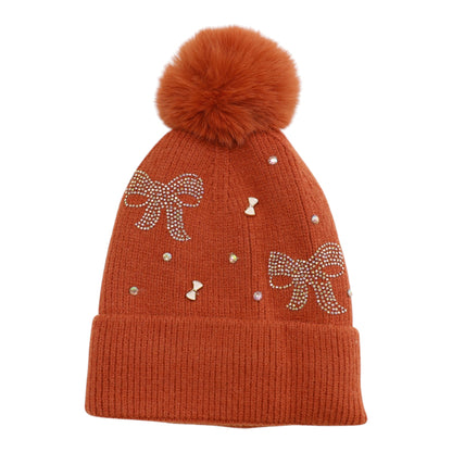 Pom Pom Knitted Beanie With Rhinestone H20-57 (12PC)