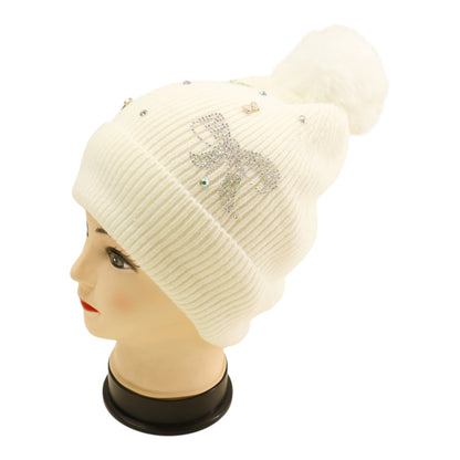 Pom Pom Knitted Beanie With Rhinestone H20-57 (12PC)