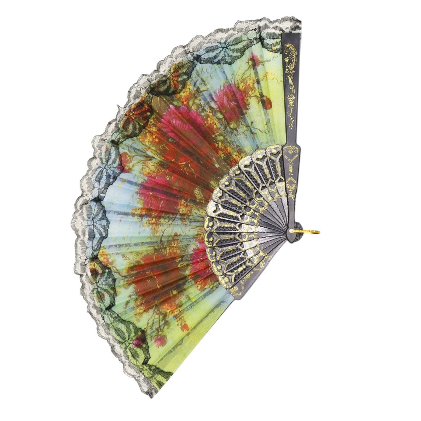 Black Floral Lace Trim Hand Held Folding Fan JF6323-5 (12PC)