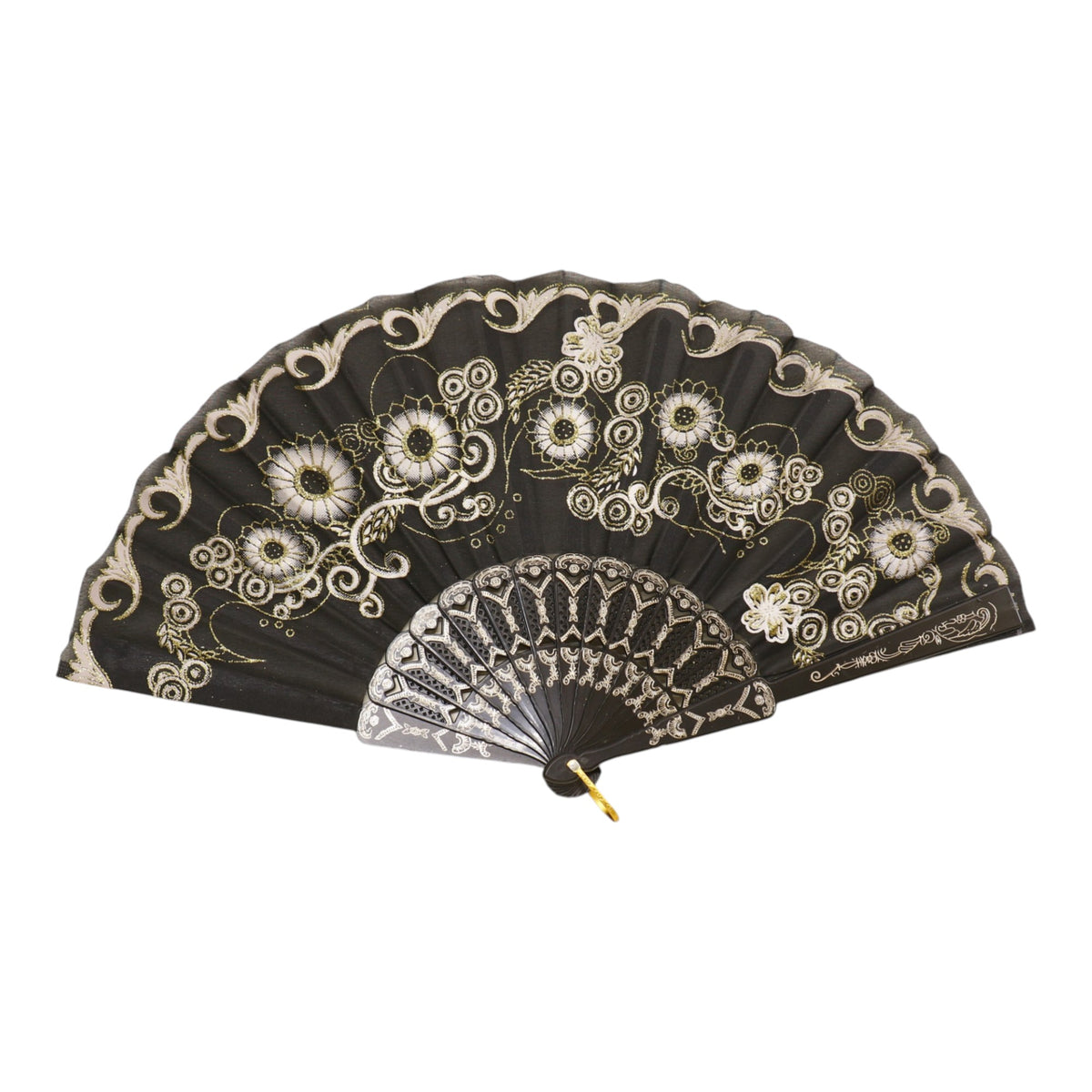 Black Floral Gold Glitter Black Frame Hand Held Folding Fan SZ08 (12PC)