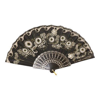Black Floral Gold Glitter Black Frame Hand Held Folding Fan SZ08 (12PC)