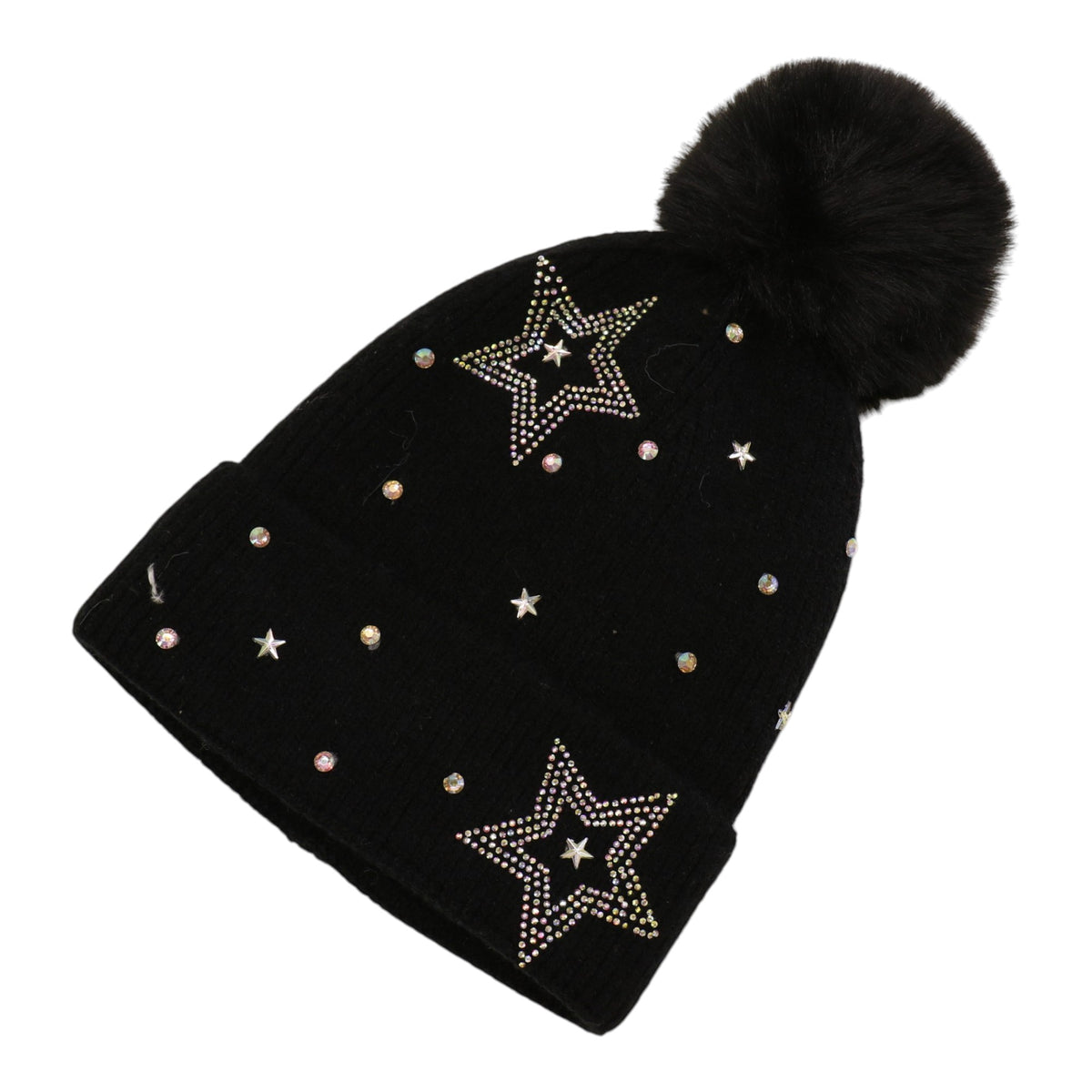 Pom Pom Knitted Beanie With Rhinestone H20-59 (12PC)