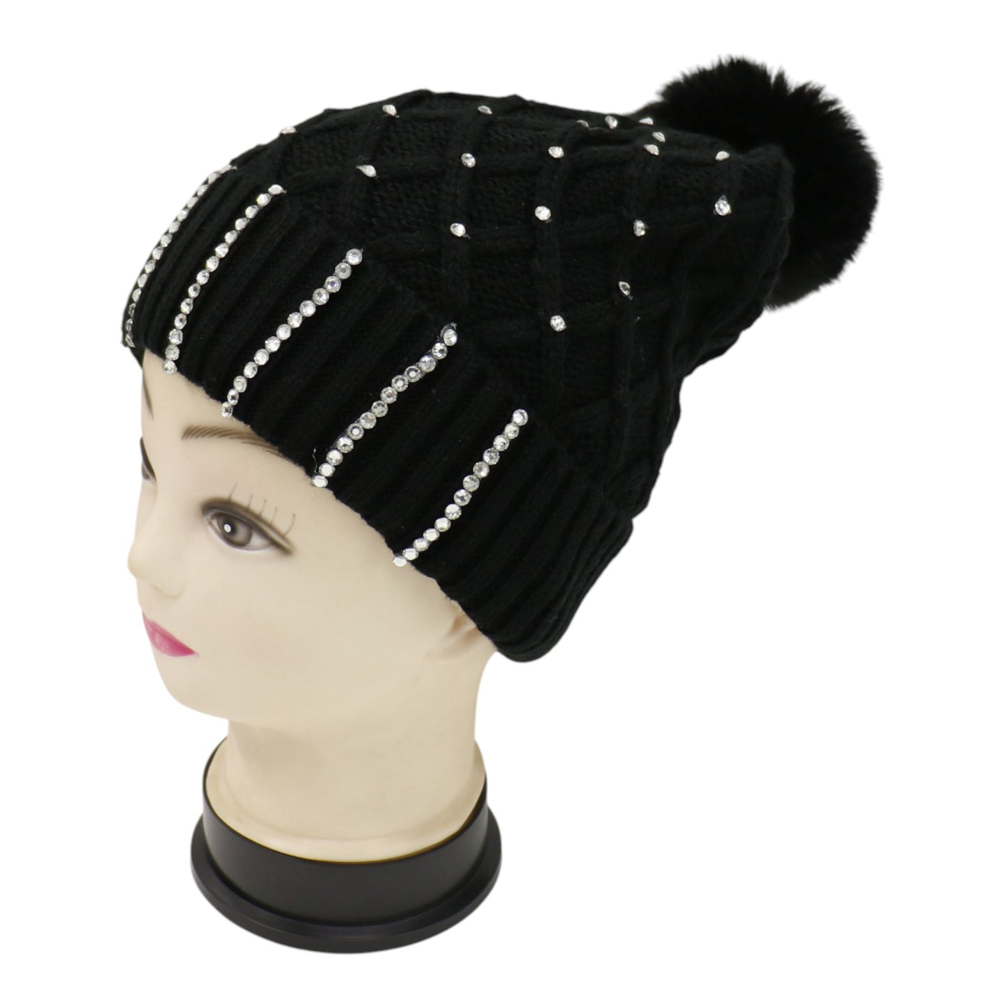 Pom Pom Rhinestone Decor Beanie H20-45. (12PC)