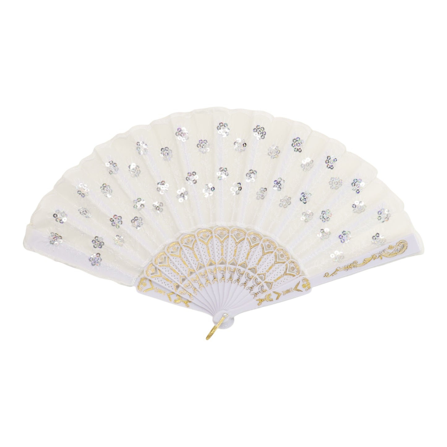 White Sequin Floral Folding Hand Fan FN2604 (12PC)