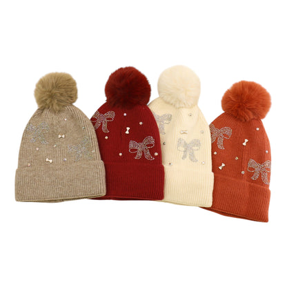 Pom Pom Knitted Beanie With Rhinestone H20-57 (12PC)