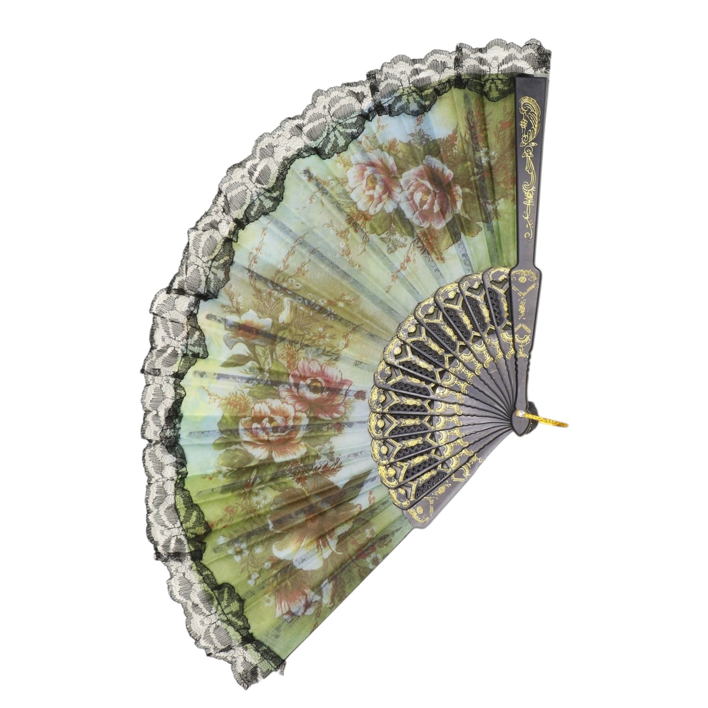 Black Floral Lace Trim Hand Held Folding Fan JF6323-5 (12PC)