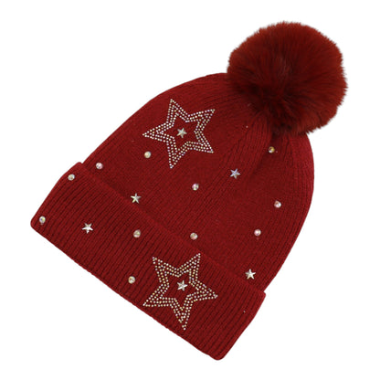 Pom Pom Knitted Beanie With Rhinestone H20-59 (12PC)
