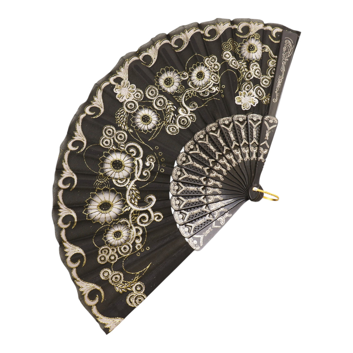 Black Floral Gold Glitter Black Frame Hand Held Folding Fan SZ08 (12PC)