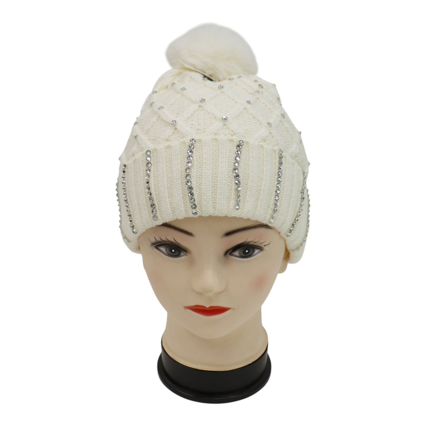 Pom Pom Rhinestone Decor Beanie H20-45. (12PC)