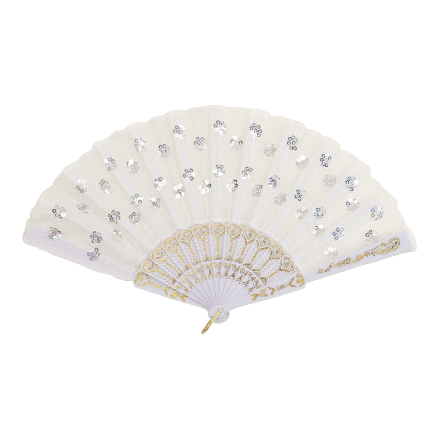 White Sequin Floral Folding Hand Fan FN2604 (12PC)