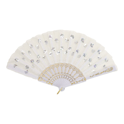 White Sequin Floral Folding Hand Fan FN2604 (12PC)