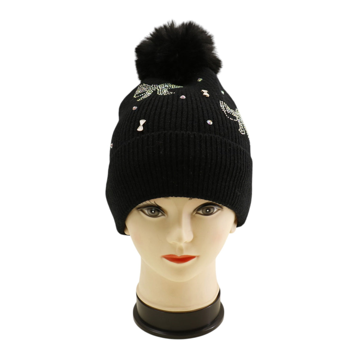 Pom Pom Knitted Beanie With Rhinestone H20-57 (12PC)