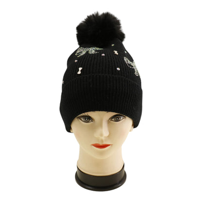Pom Pom Knitted Beanie With Rhinestone H20-57 (12PC)