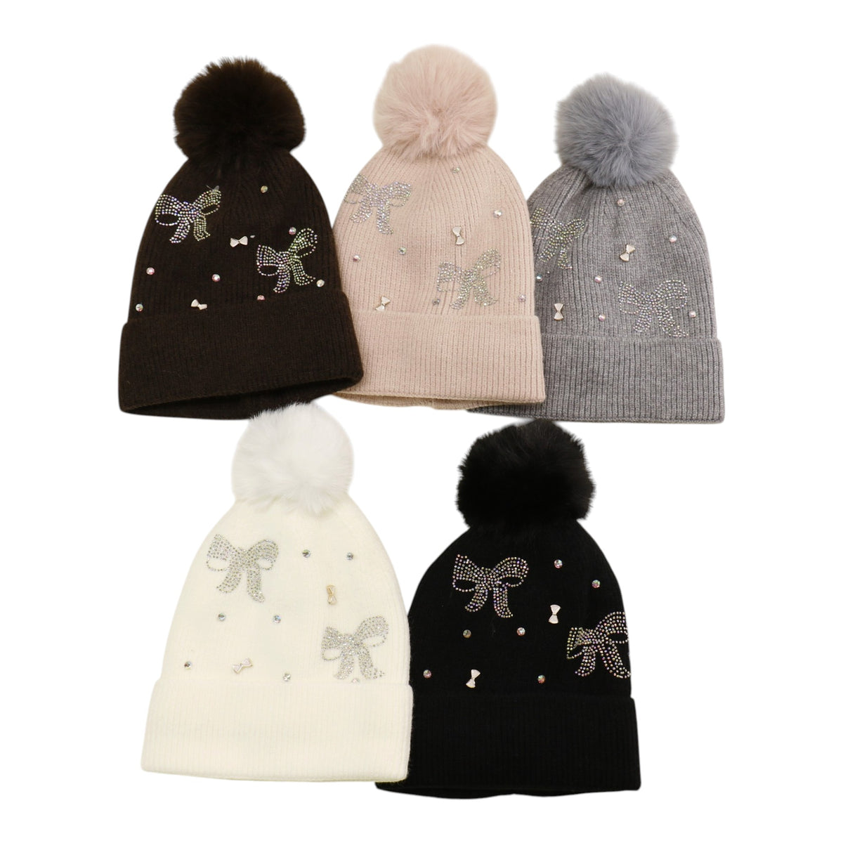 Pom Pom Knitted Beanie With Rhinestone H20-57 (12PC)
