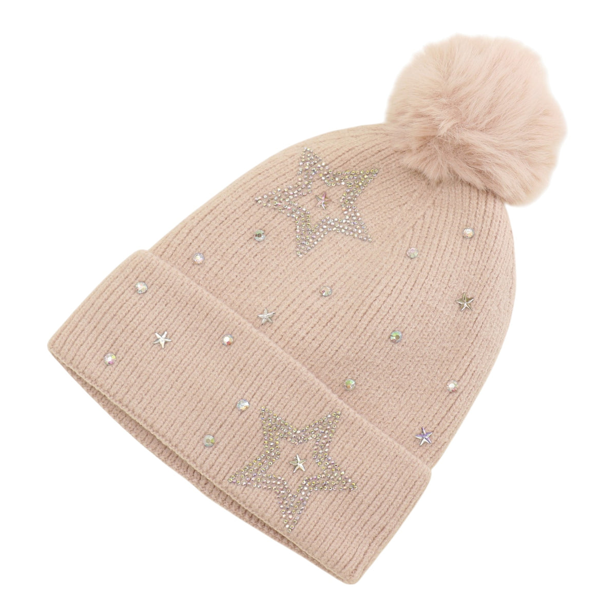 Pom Pom Knitted Beanie With Rhinestone H20-59 (12PC)