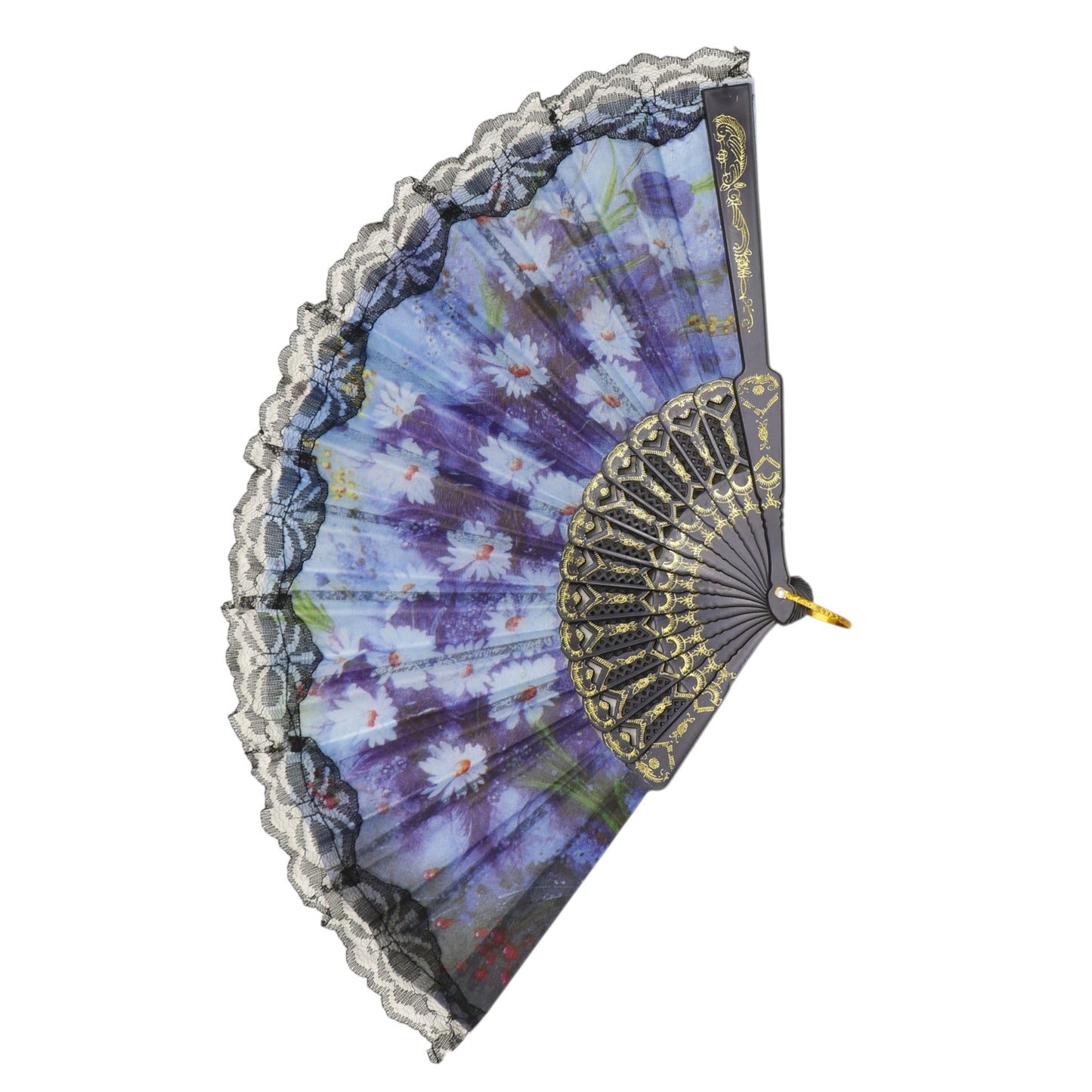 Black Floral Lace Trim Hand Held Folding Fan JF6323-5 (12PC)