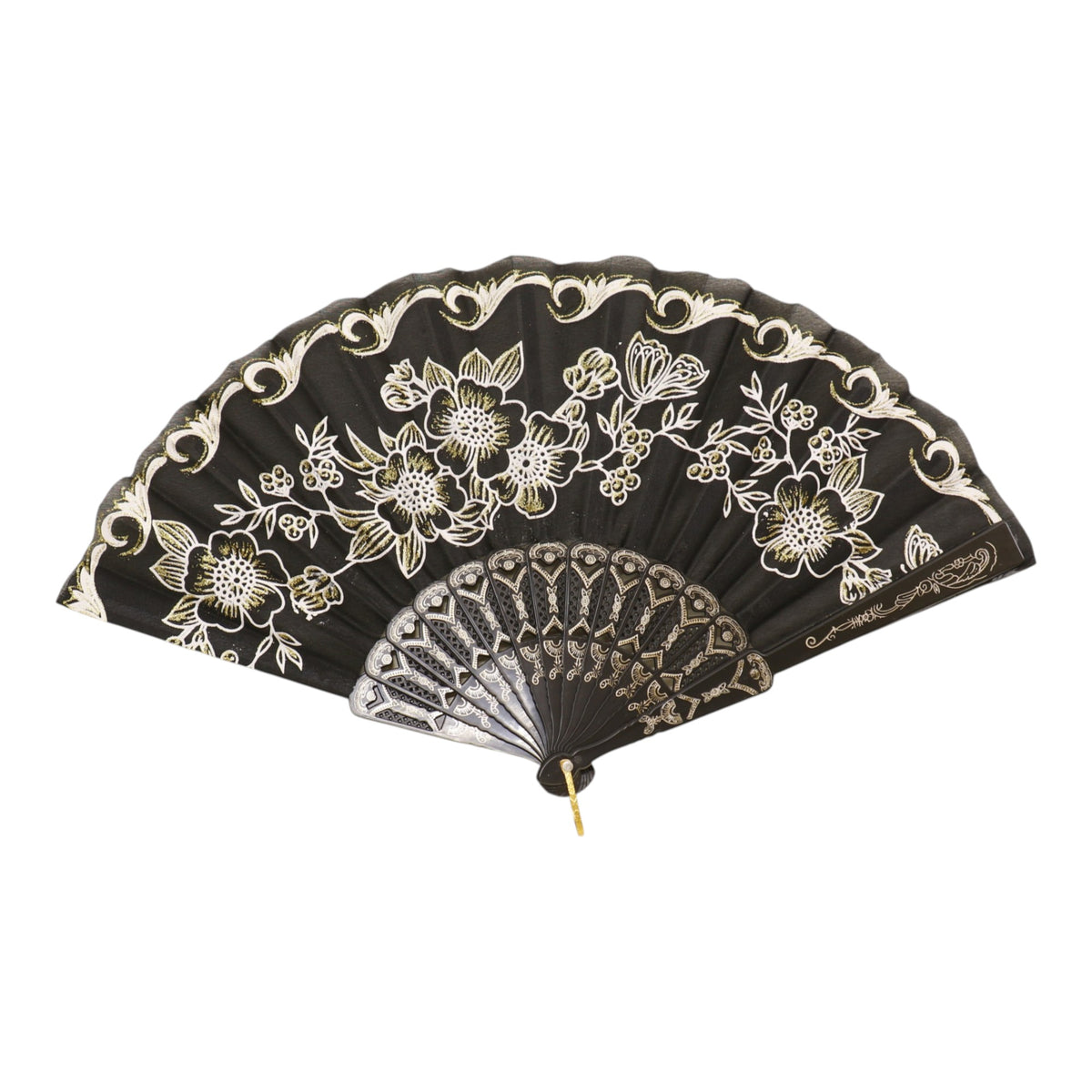Black Floral Gold Glitter Black Frame Hand Held Folding Fan SZ08 (12PC)