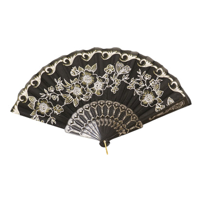 Black Floral Gold Glitter Black Frame Hand Held Folding Fan SZ08 (12PC)