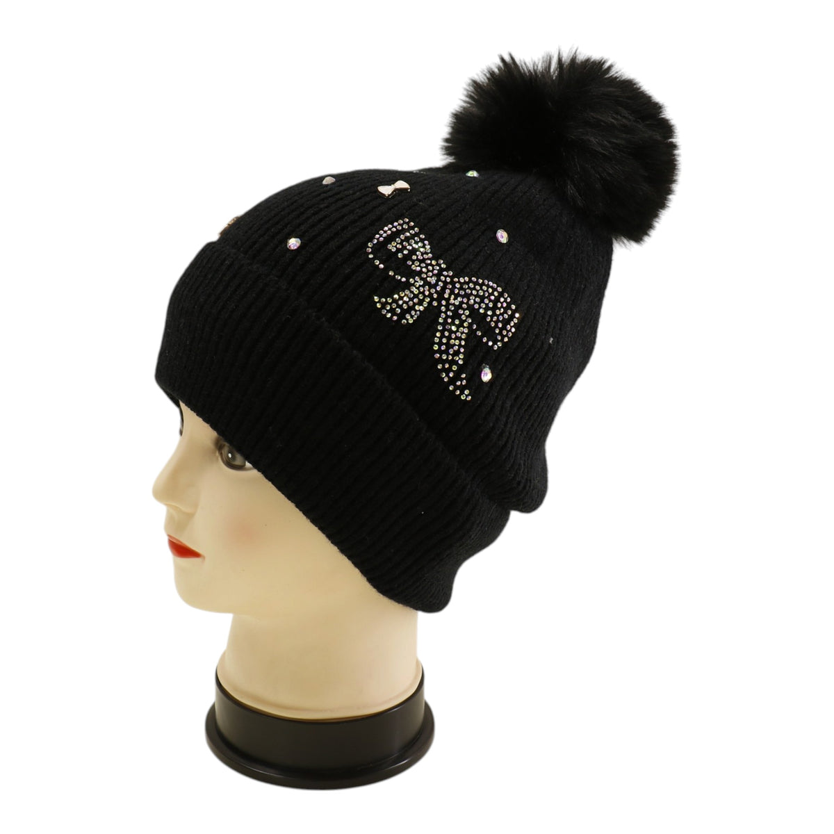 Pom Pom Knitted Beanie With Rhinestone H20-57 (12PC)