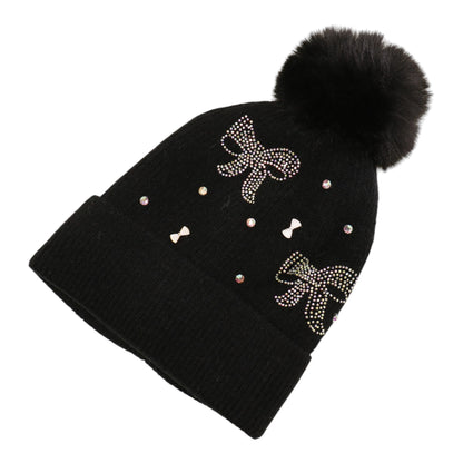Pom Pom Knitted Beanie With Rhinestone H20-57 (12PC)