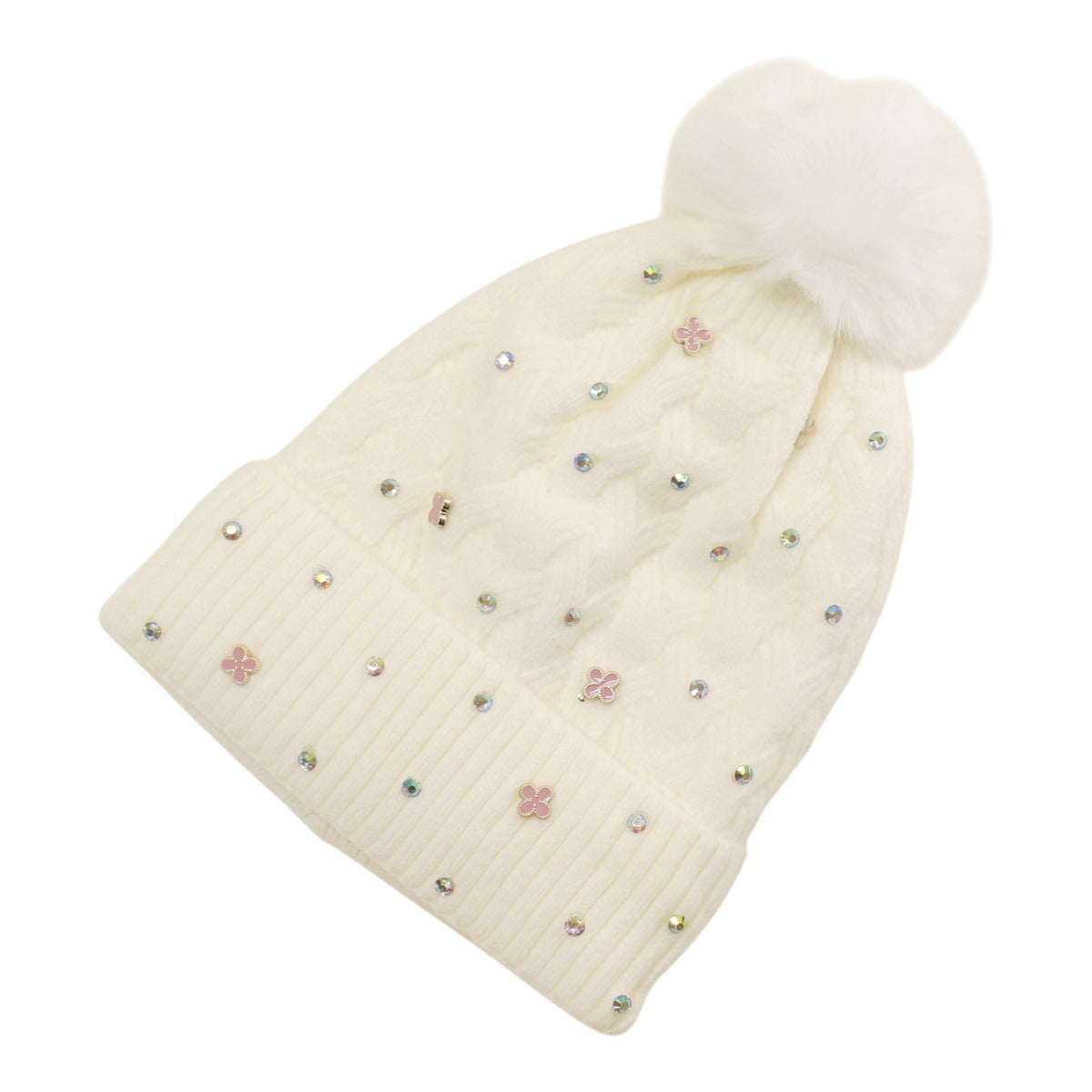 Pom Pom Knitted Beanie With Rhinestone H20-60 (12PC)