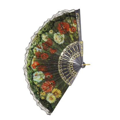 Black Floral Lace Trim Hand Held Folding Fan JF6323-5 (12PC)