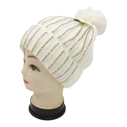 Pom Pom Rhinestone Decor Beanie H20-44. (12PC)