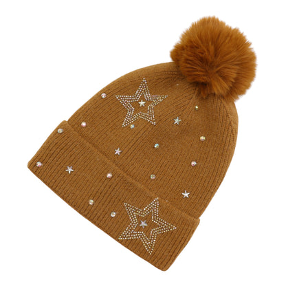 Pom Pom Knitted Beanie With Rhinestone H20-59 (12PC)