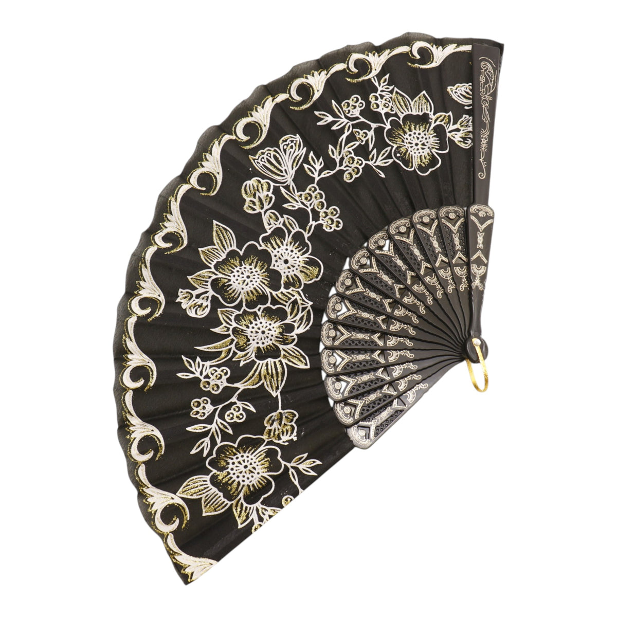 Black Floral Gold Glitter Black Frame Hand Held Folding Fan SZ08 (12PC)