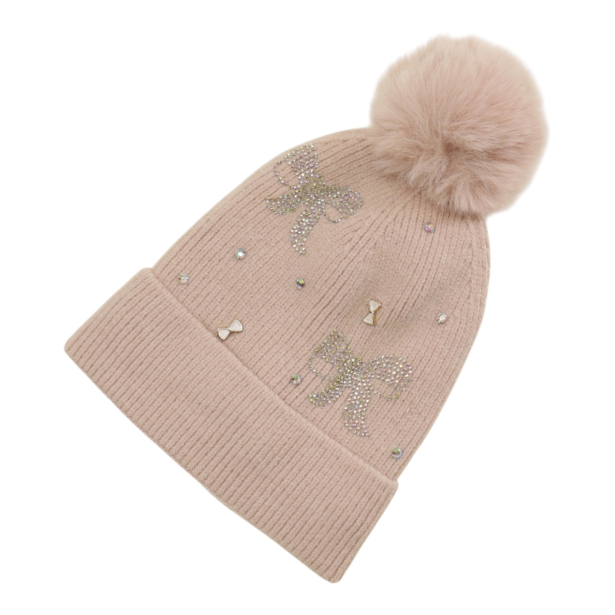Pom Pom Knitted Beanie With Rhinestone H20-57 (12PC)