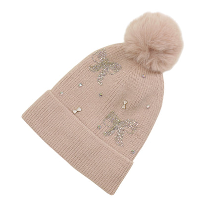 Pom Pom Knitted Beanie With Rhinestone H20-57 (12PC)